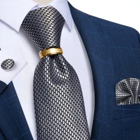 Silver Gray Plaid Tie Ring Pocket Square Cufflinks Set