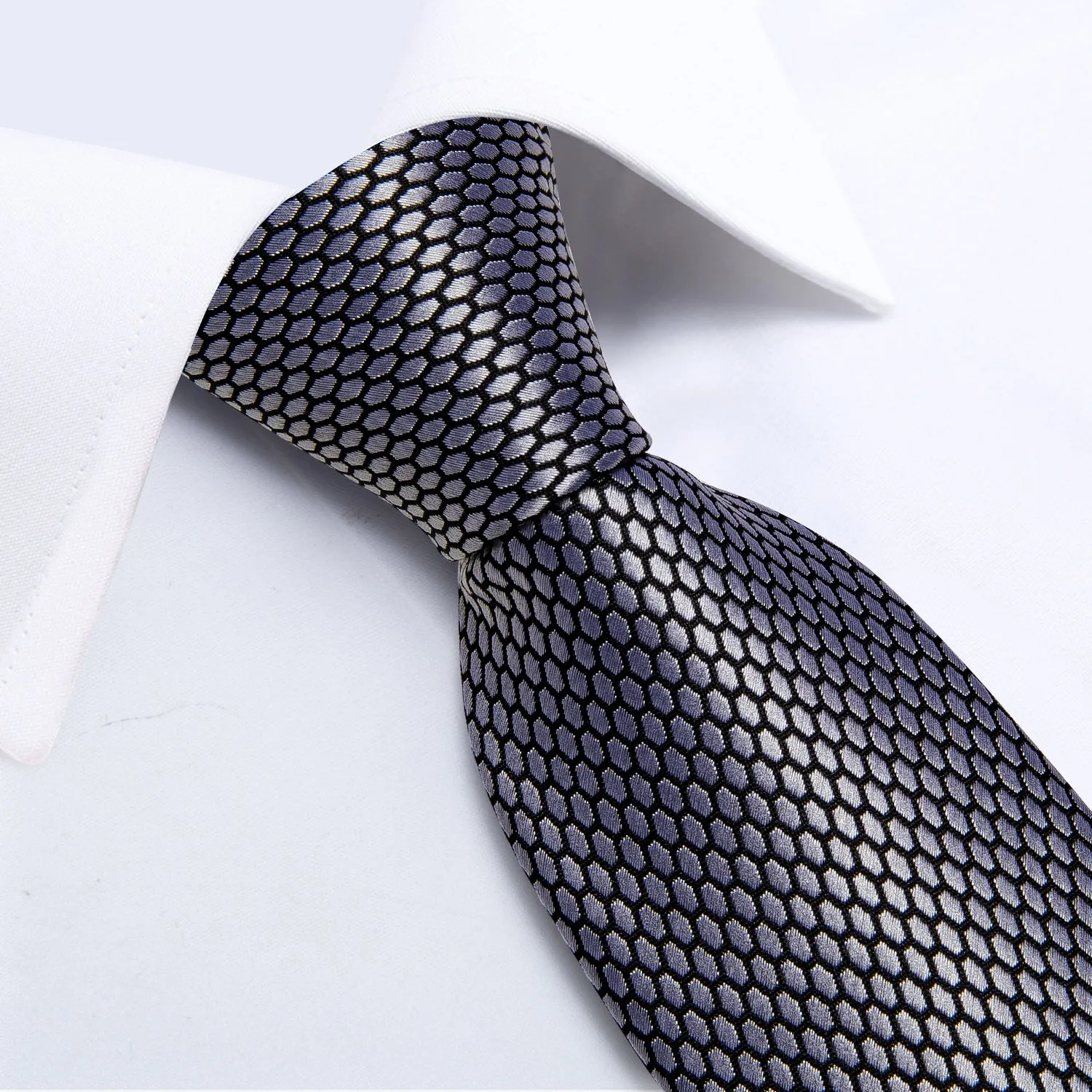 Silver Gray Plaid Tie Ring Pocket Square Cufflinks Set