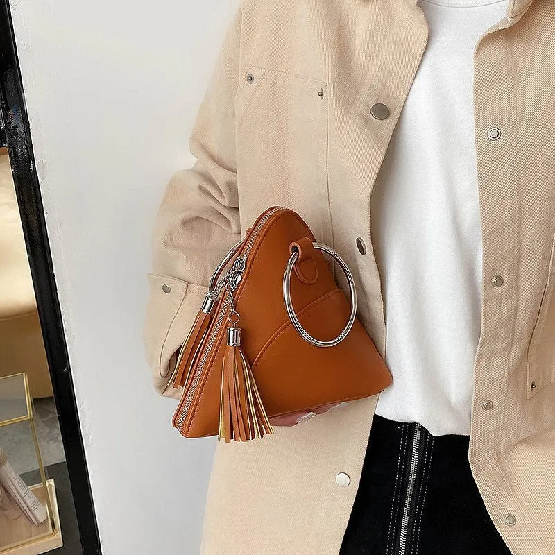 Simple Triangle PU Leather wrist Clutch bag For Women 2021 Mini Handbags and Purses Fashion Iron ring Handle tassel Chain Design
