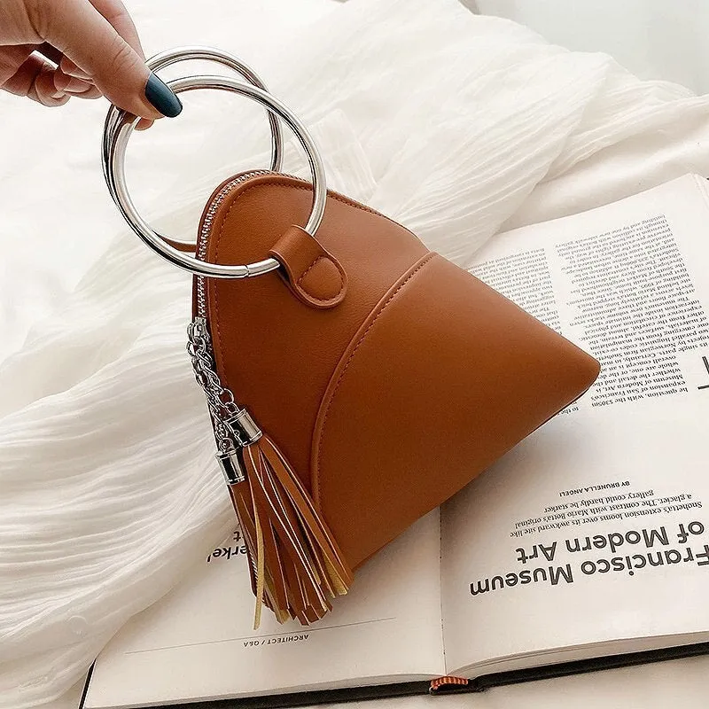 Simple Triangle PU Leather wrist Clutch bag For Women 2021 Mini Handbags and Purses Fashion Iron ring Handle tassel Chain Design