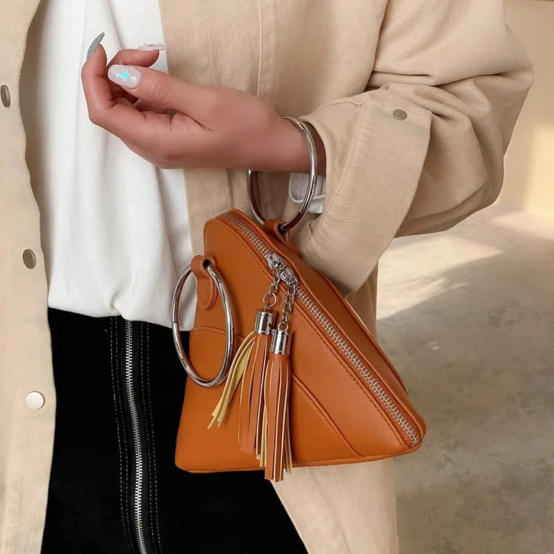 Simple Triangle PU Leather wrist Clutch bag For Women 2021 Mini Handbags and Purses Fashion Iron ring Handle tassel Chain Design