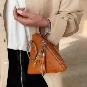 Simple Triangle PU Leather wrist Clutch bag For Women 2021 Mini Handbags and Purses Fashion Iron ring Handle tassel Chain Design