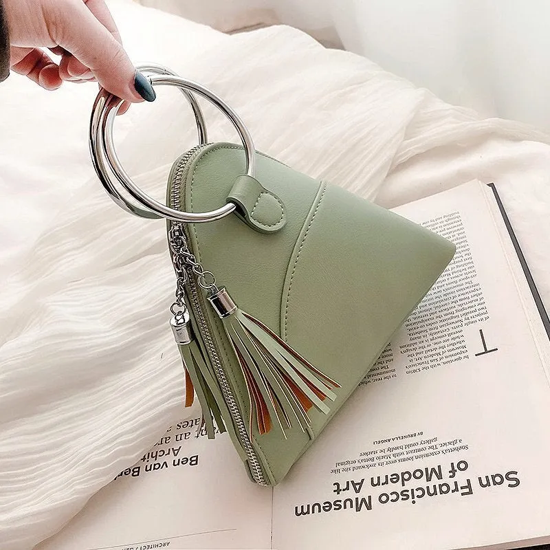 Simple Triangle PU Leather wrist Clutch bag For Women 2021 Mini Handbags and Purses Fashion Iron ring Handle tassel Chain Design