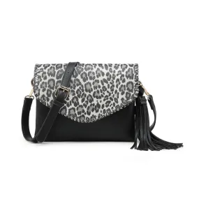 Sloane Flapover Crossbody w/ Whipstitch and Tassel - Cheetah-Black