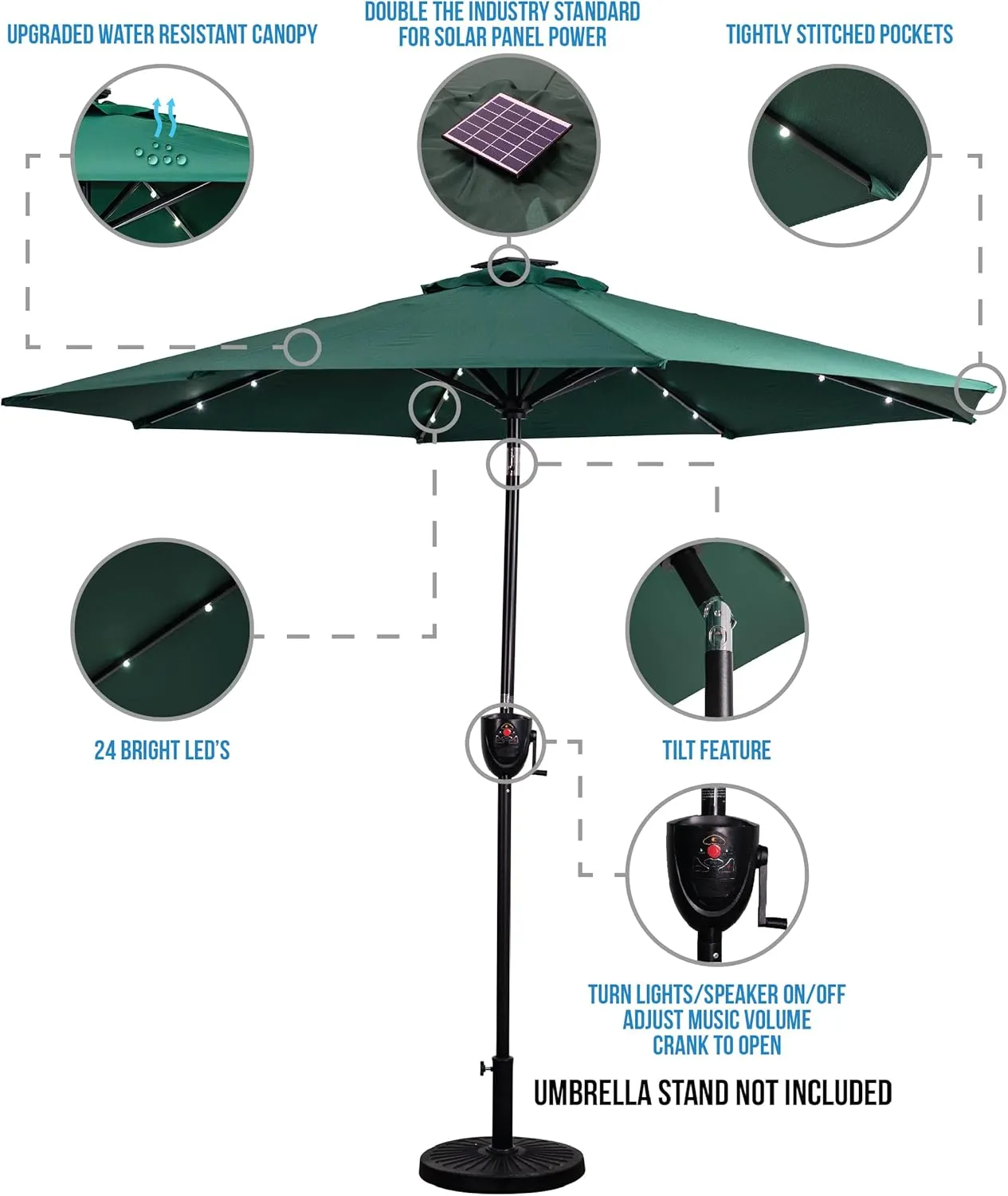 Sun-Ray 9' Round 8Rib Aluminum Bluetooth Solar Lighted Umbrella - Hunter Green