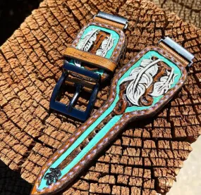 Teal Leather Feather Watch Band