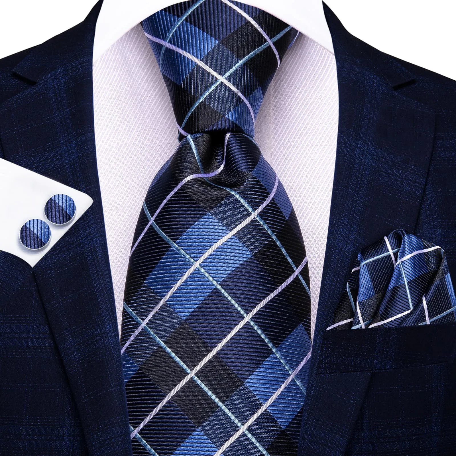 Ties2you Tie Top Navy Blue Plaid Silk Mens Business Work Ties Pocket Square Cufflinks Set