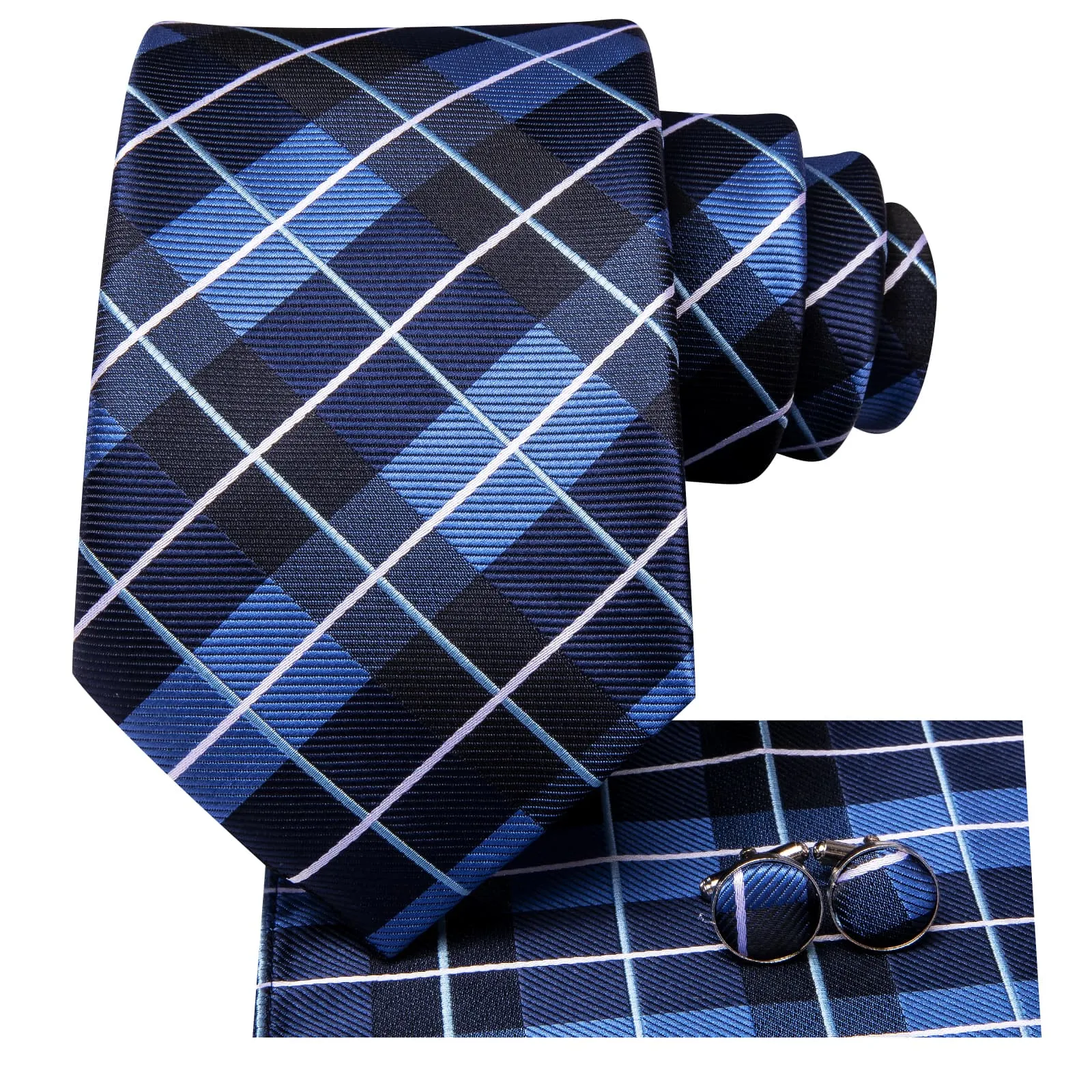 Ties2you Tie Top Navy Blue Plaid Silk Mens Business Work Ties Pocket Square Cufflinks Set