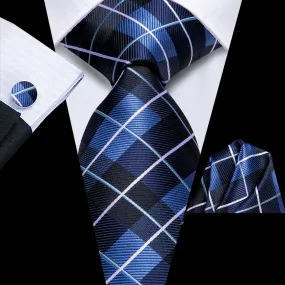 Ties2you Tie Top Navy Blue Plaid Silk Mens Business Work Ties Pocket Square Cufflinks Set