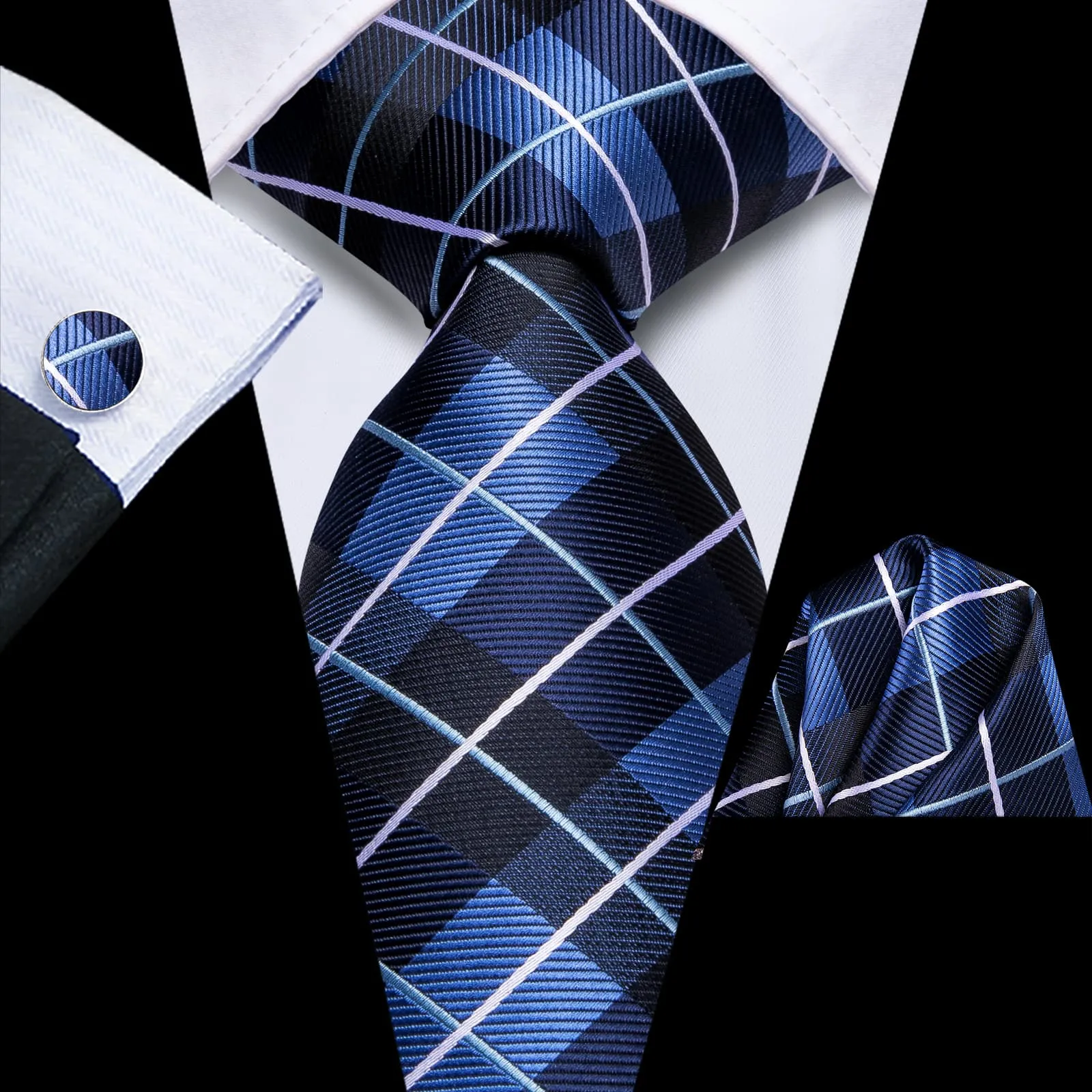 Ties2you Tie Top Navy Blue Plaid Silk Mens Business Work Ties Pocket Square Cufflinks Set