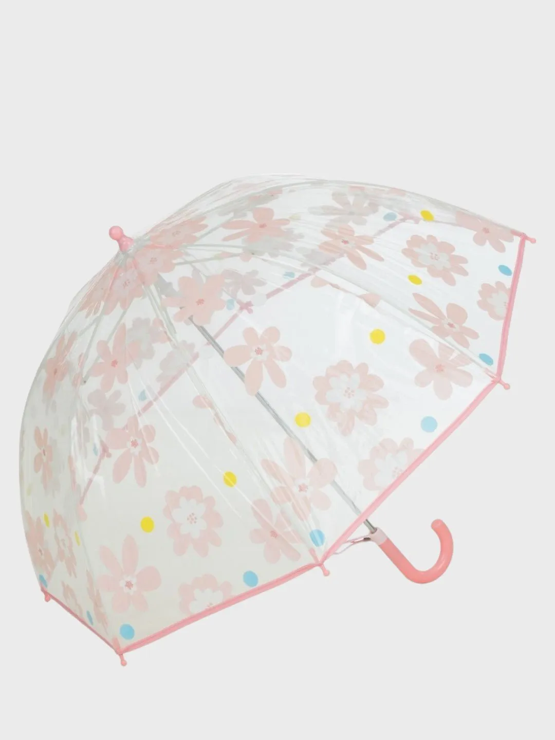 Transparent Floral Print Umbrella with Pink Trim and Hook Handle