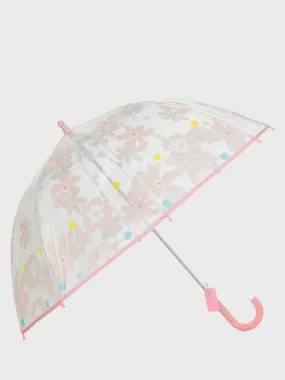 Transparent Floral Print Umbrella with Pink Trim and Hook Handle