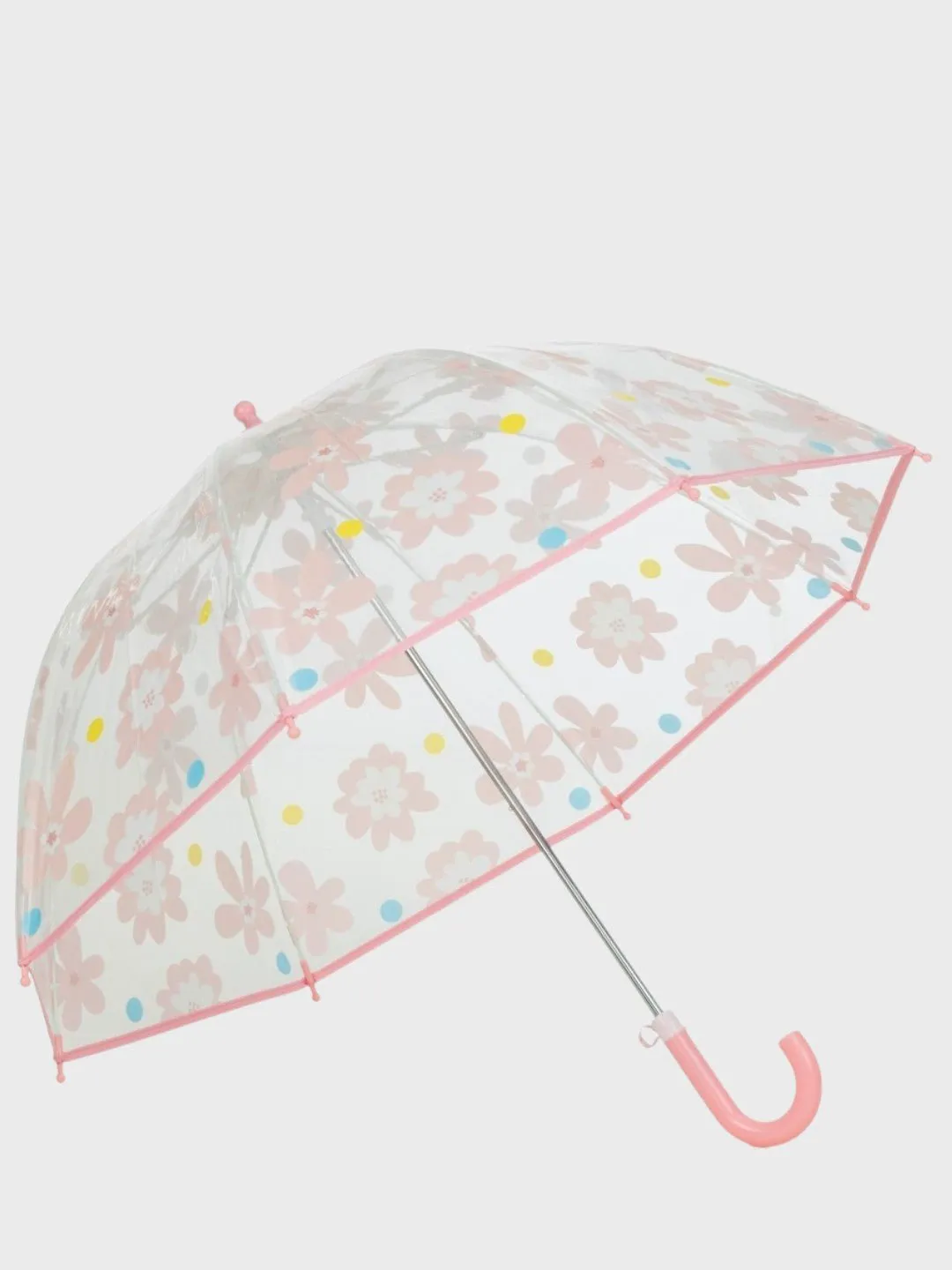 Transparent Floral Print Umbrella with Pink Trim and Hook Handle