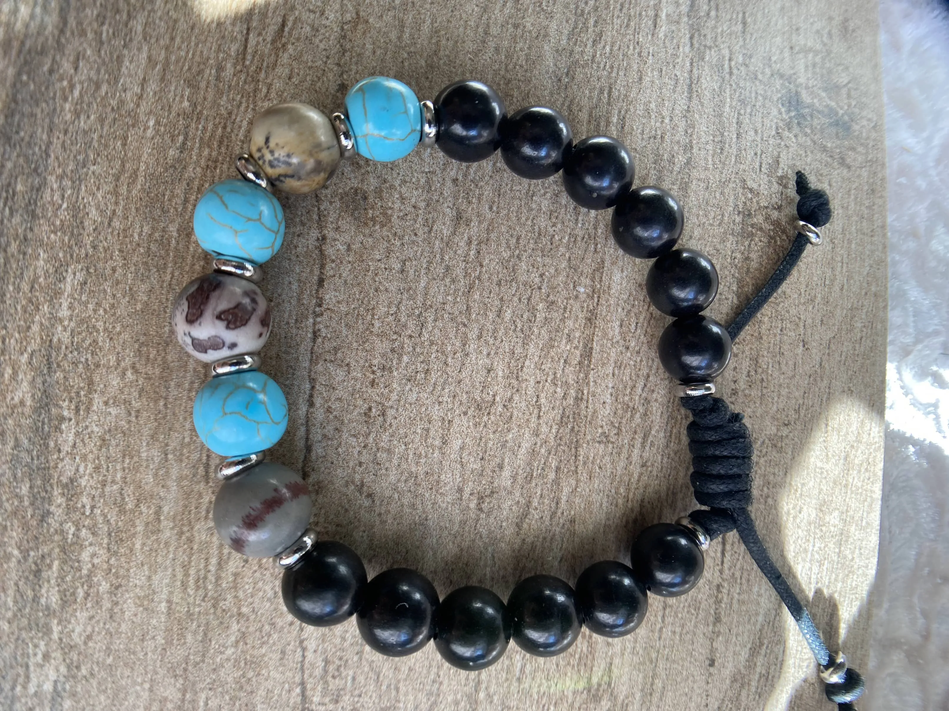 Turquoise & Jasper 10mm Beaded Bracelet, Adjustable Cord Bracelet, Multicolor