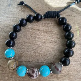 Turquoise & Jasper 10mm Beaded Bracelet, Adjustable Cord Bracelet, Multicolor