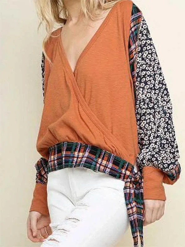 V-neck Floral Plaid Top