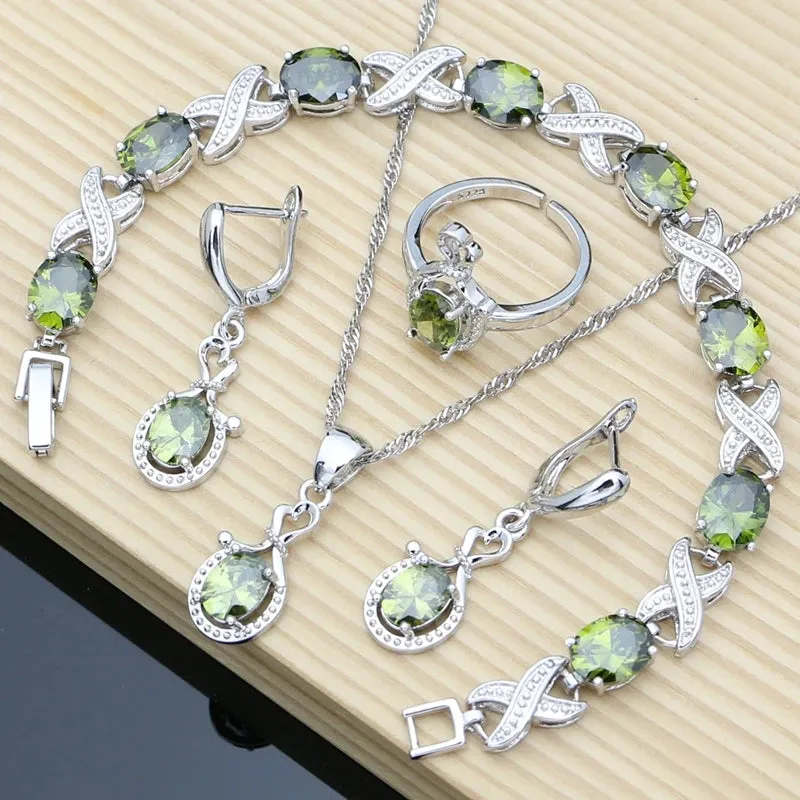 Women Fashion Party Silver 925 Jewelry Sets Red Garnet White Toapz Brithstone Long Earrings Bracelet Open Ring Necklace Sets
