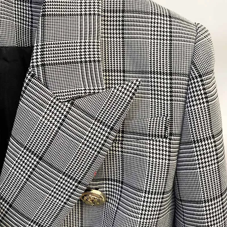 Women's Double Breasted Lion Button Blazer Slim Fitting Plaid Jacket