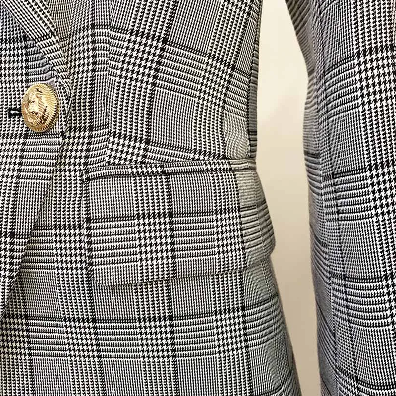 Women's Double Breasted Lion Button Blazer Slim Fitting Plaid Jacket