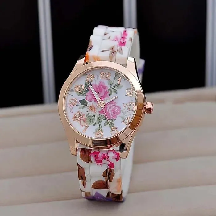 WristWatches Silicone Girl Flower Causal Watch Quartz Printed Women OR Women's Leather Watch Straps Light Up Watches for Women
