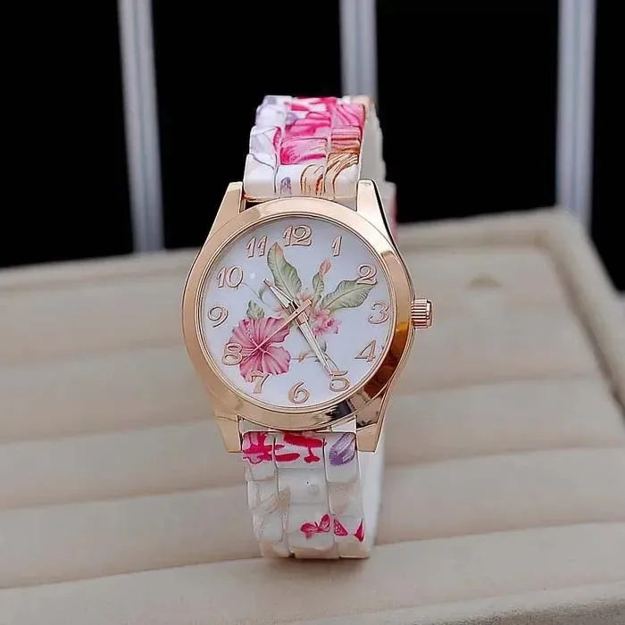 WristWatches Silicone Girl Flower Causal Watch Quartz Printed Women OR Women's Leather Watch Straps Light Up Watches for Women