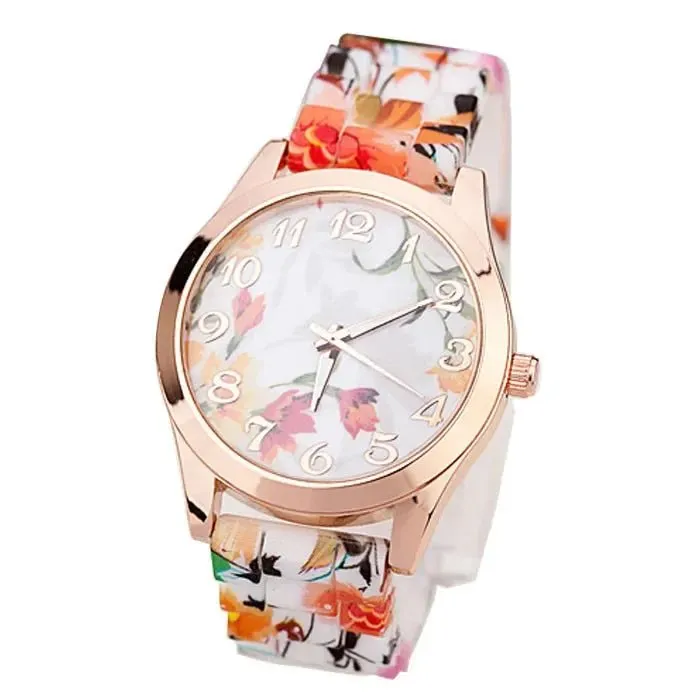 WristWatches Silicone Girl Flower Causal Watch Quartz Printed Women OR Women's Leather Watch Straps Light Up Watches for Women