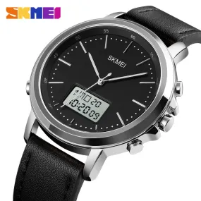WW1862 Skmei Dual Time Silver Leather Belt Watch 1652