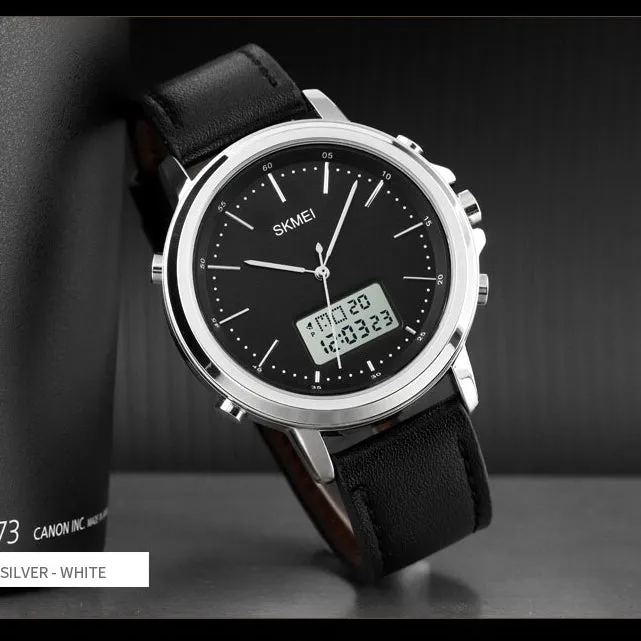 WW1862 Skmei Dual Time Silver Leather Belt Watch 1652