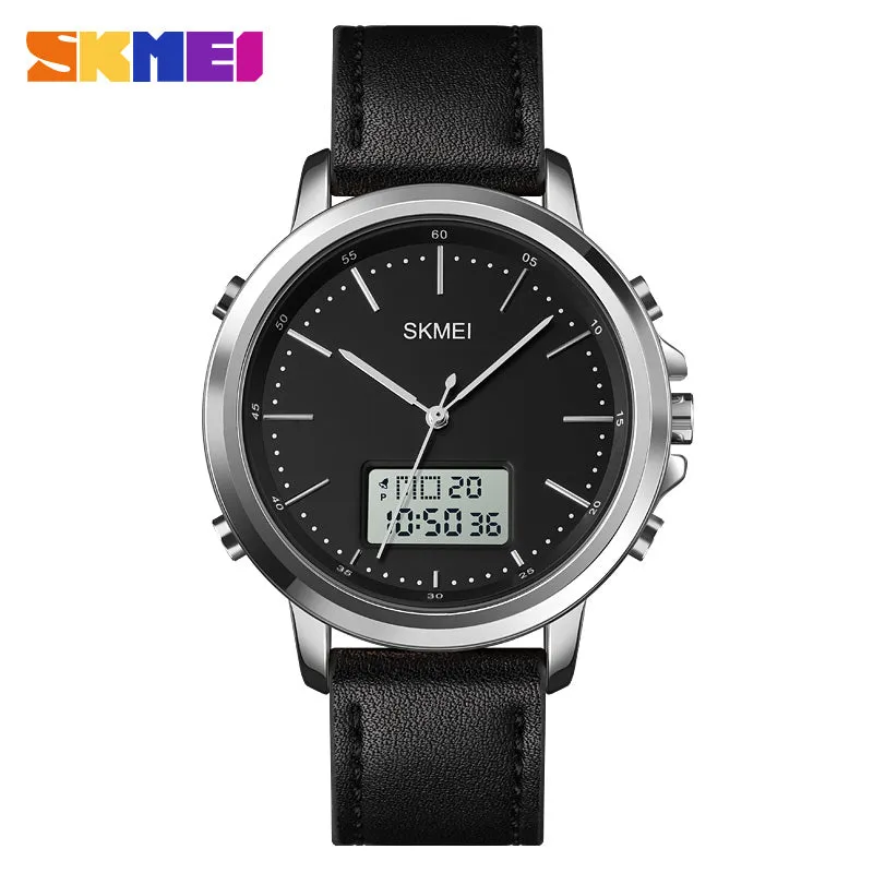 WW1862 Skmei Dual Time Silver Leather Belt Watch 1652