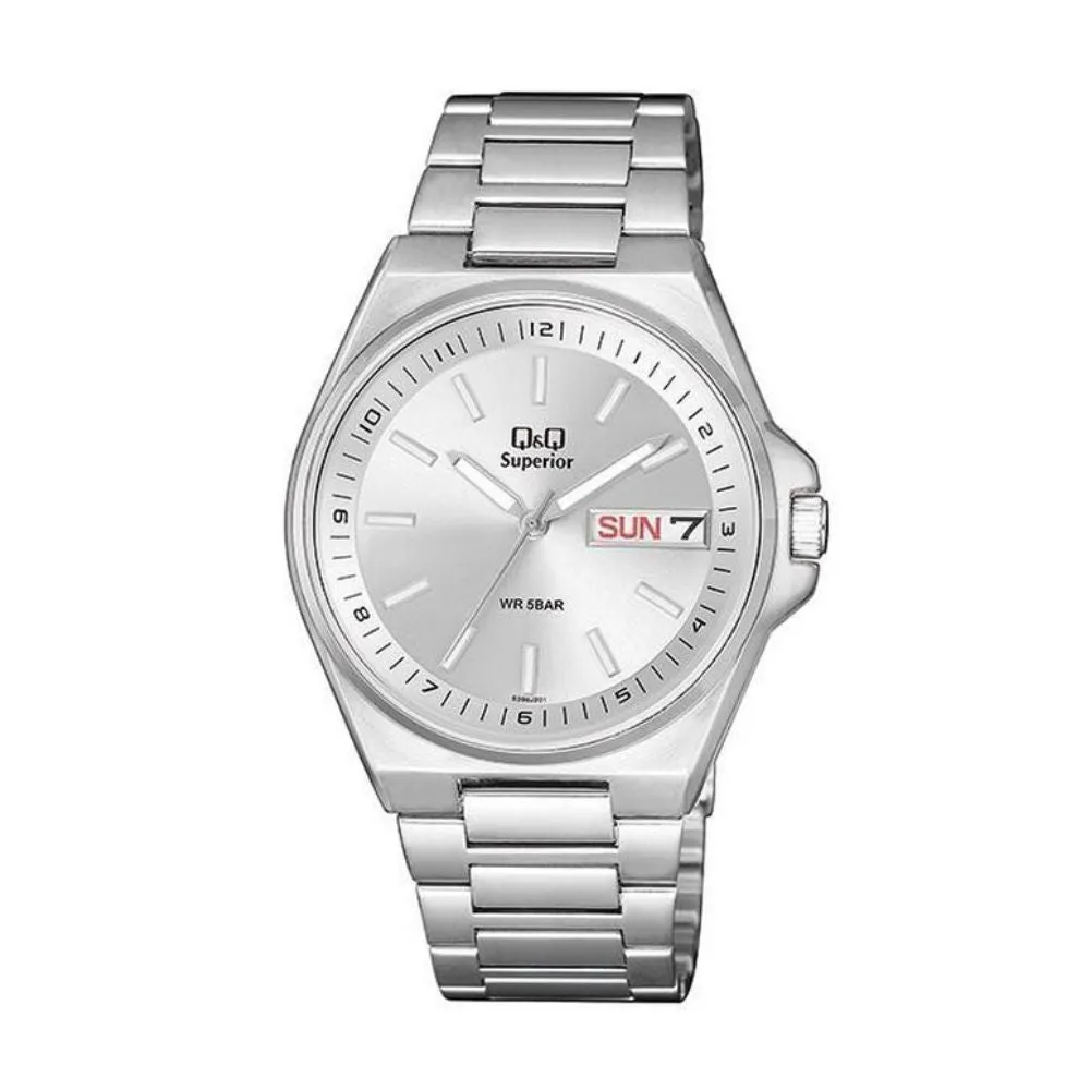 WW2187 Q&Q Superior Day Date Stainless Steel Silver Chain Watch S396J201Y