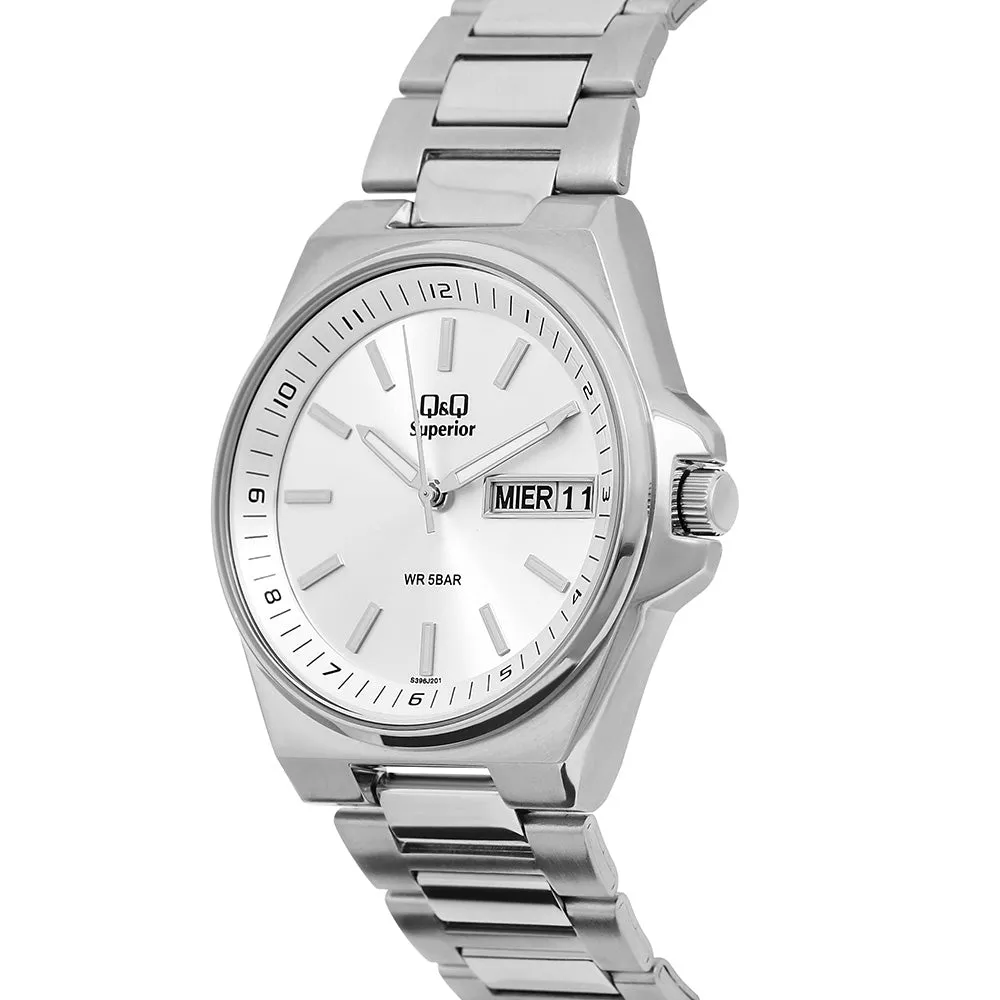WW2187 Q&Q Superior Day Date Stainless Steel Silver Chain Watch S396J201Y