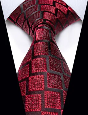 YourTies Burgundy Tie for Men Black Red Plaid Novelty Silk Necktie